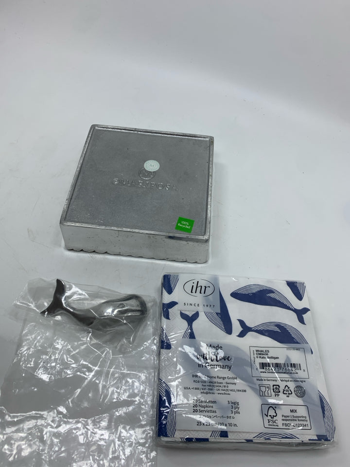 NIB MARIPOSA SILVER NAPKIN HOLDER+WHALE NAPKINS+WHALE PAPERWEIGHT.