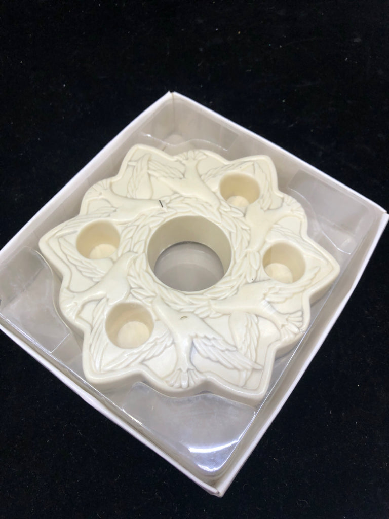 NIB EMBOSSED DOVE CANDLE HOLDER.
