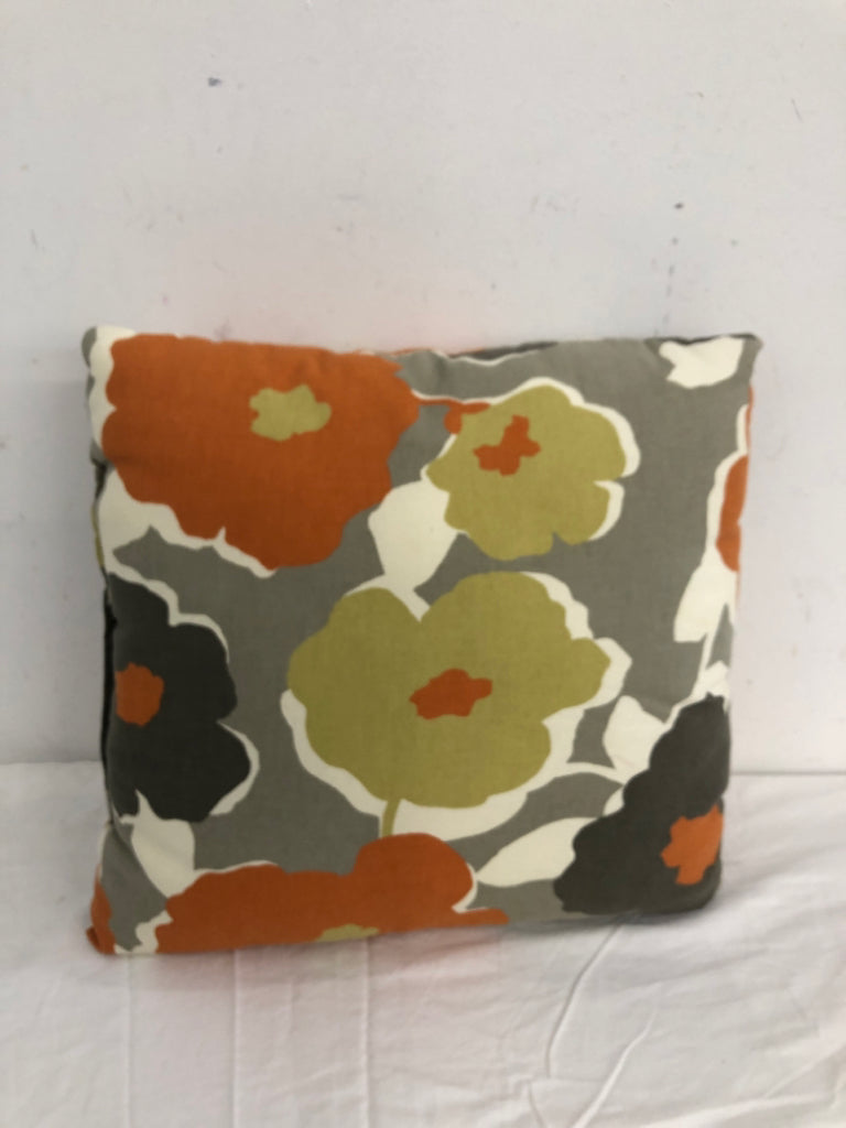 GREY AND ORANGE SQUARE PILLOW.