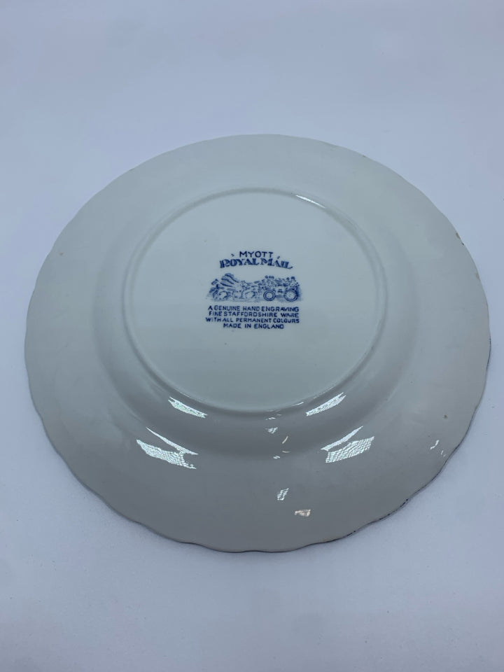 4 VTG BLUE HORSE-DRAWN CARRIAGE SALAD PLATES.