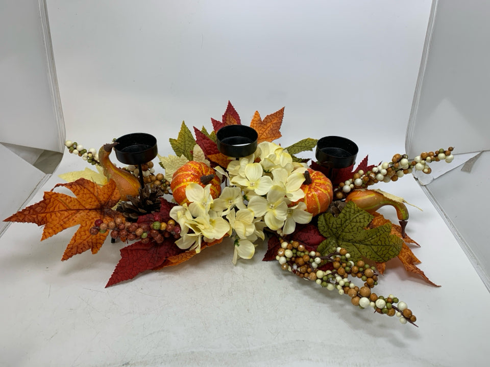 3 METAL TEA LIGHT HOLDERS W/ FALL FAUX FLOWERS/LEAVES CENTERPIECE.
