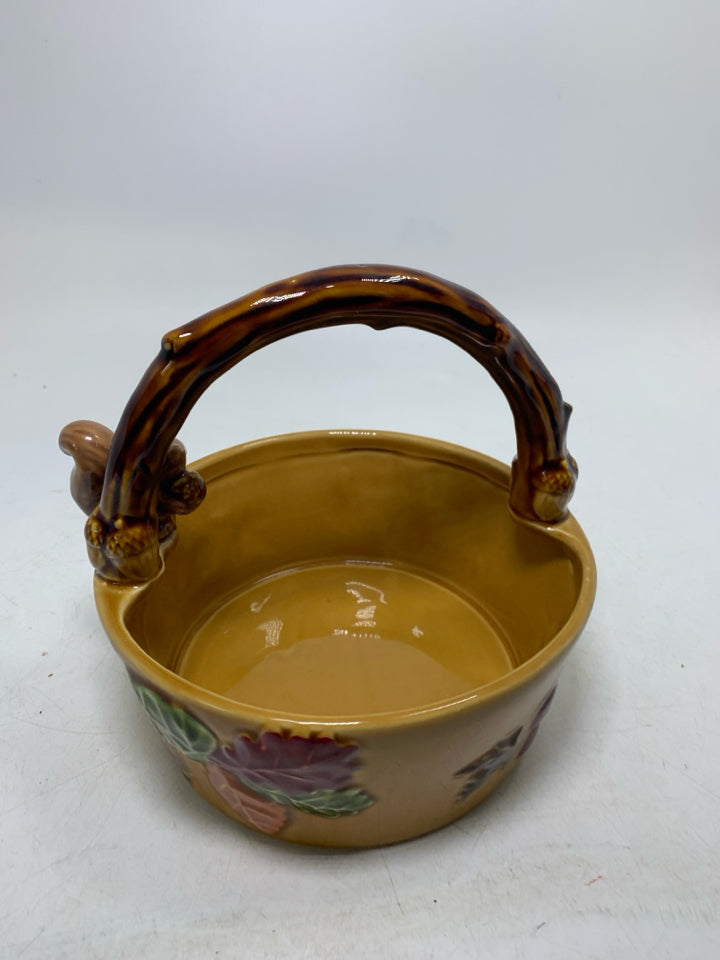 CERAMIC BASKET BRANCH HANDLE SQUIRREL AND FALL LEAVES.