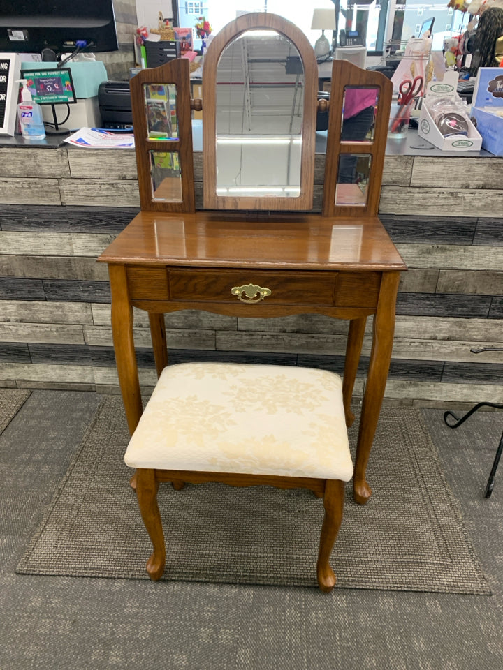 DARK WOOD VANITY W/ SECRET JEWELRY STORAGE BEHIND MIRROR ADJUSTABLE W/ CREAM FLO