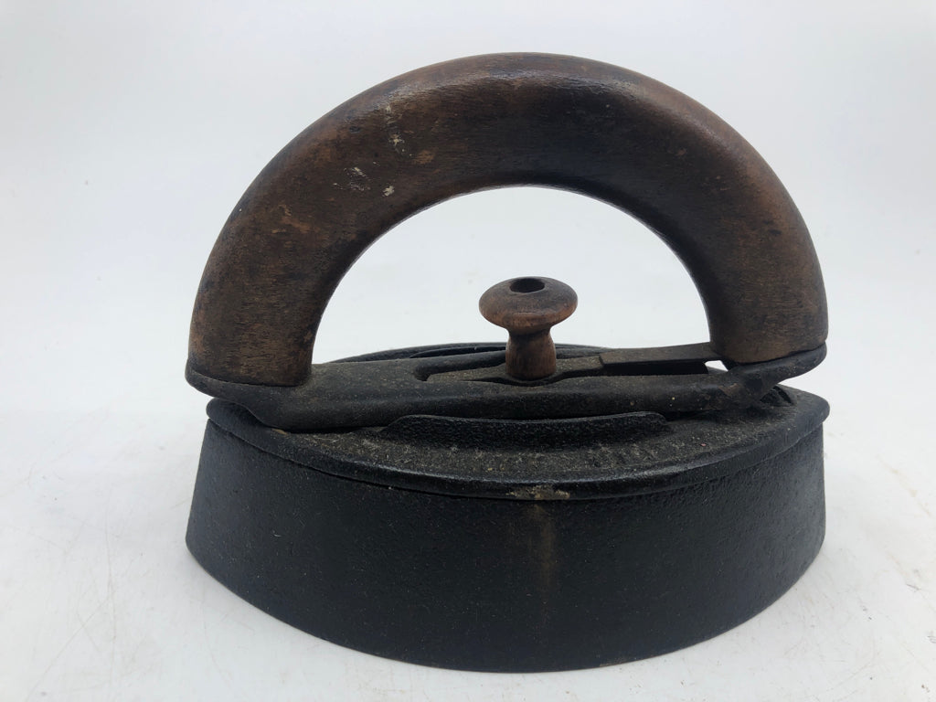 VTG HEAVY SAD IRON W/ WOOD HANDLE DOOR STOP/ IRON.