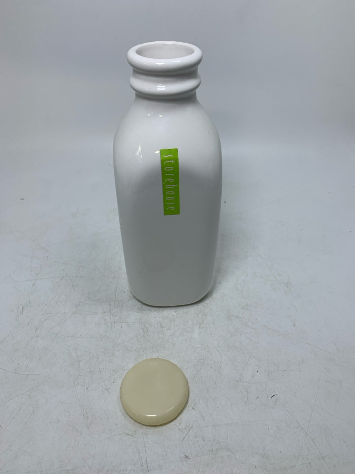 WHITE CERAMIC MILK BOTTLE W/ CAP.