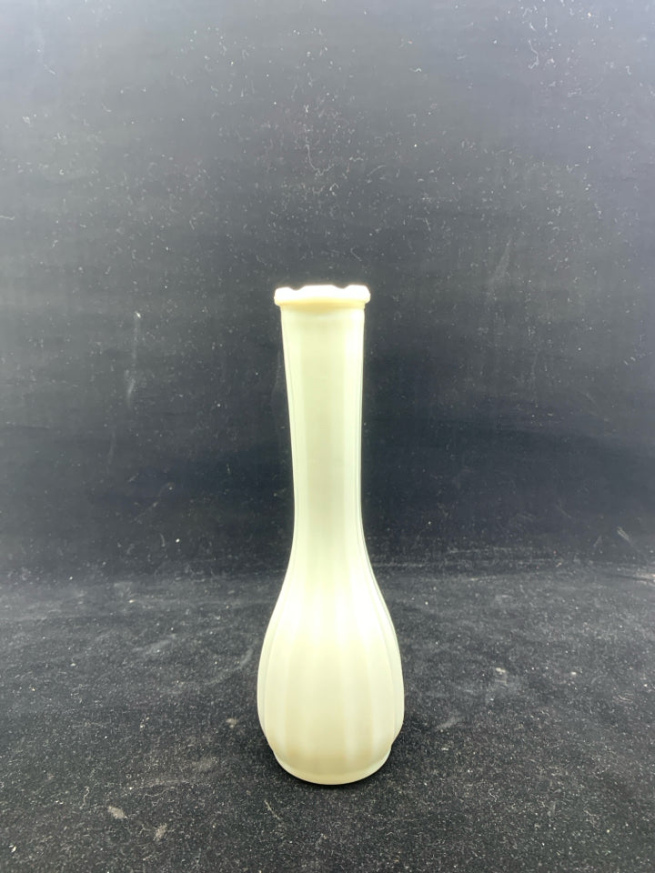 MILK GLASS VASE RIBBED W/ LONG NECK.