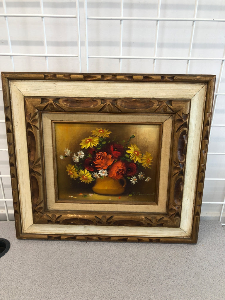 PAINTED ORANGE/YELLOW FLOWERS IN CARVED WOOD FRAME.