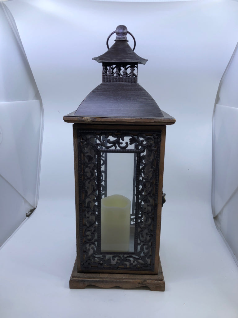 LARGE HEAVY METAL LANTERN W FAUX CANDLE.