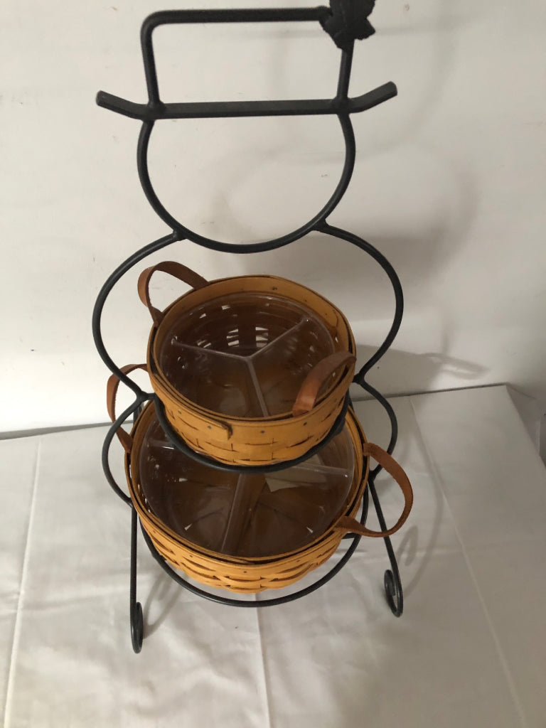 2 TIER LONGABERGER SNOWMAN METAL HOLDER W/ 2 BASKET W/ DIVIDED INSERTS/ LEATHER