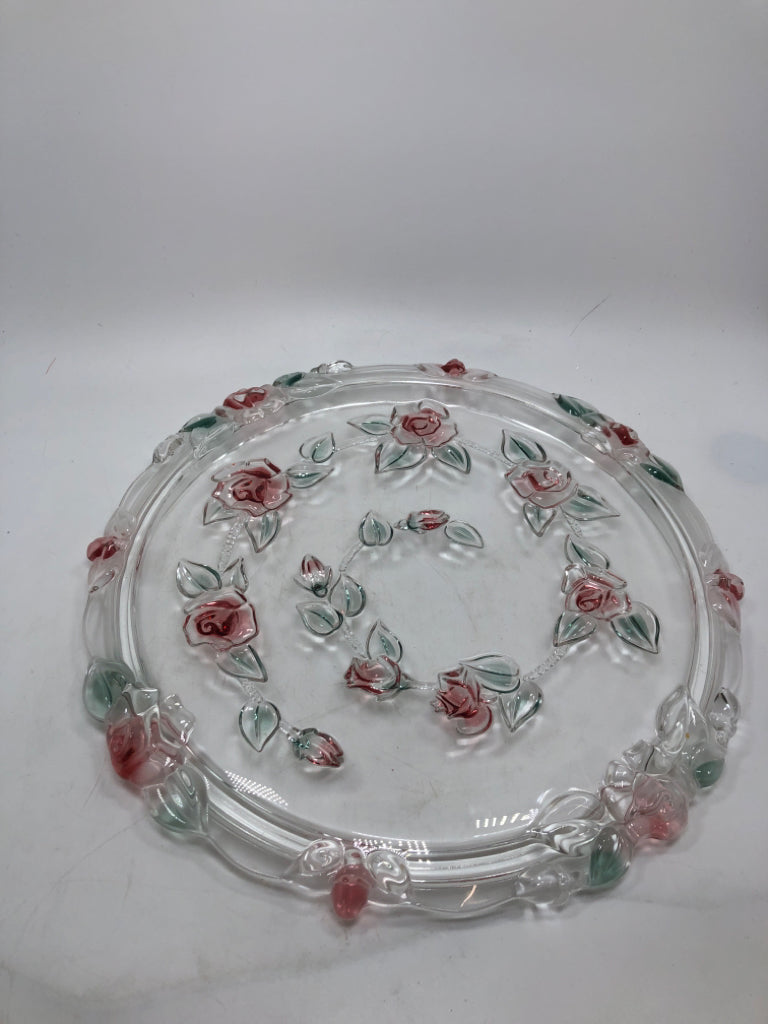 COLORED ROSE GLASS CAKE PLATTER.