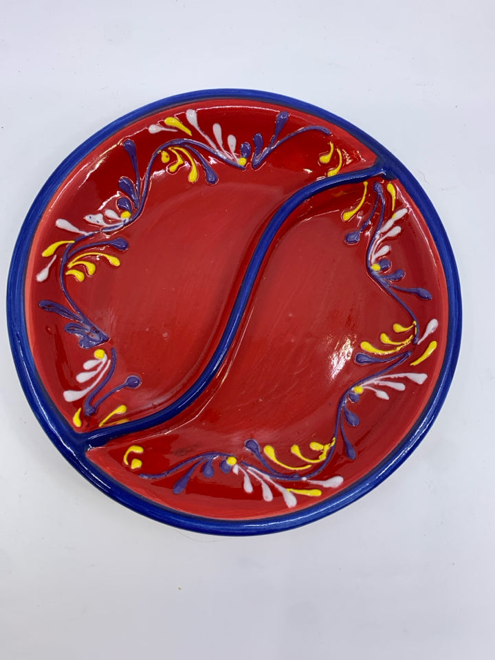 HANDPAINTED RED AND BLUE DIVIDED DISH- SPAIN.