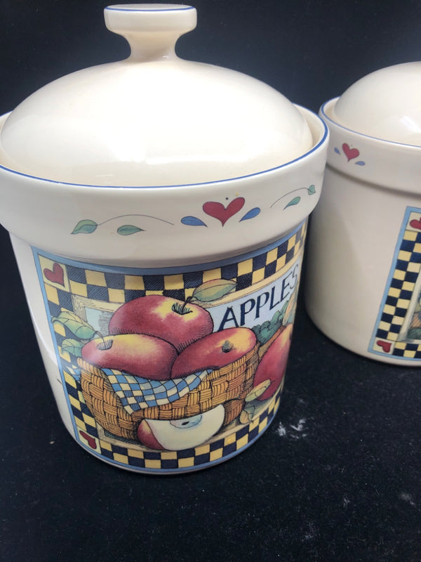 4 CREAM AND BLUE VTG CANISTERS W FRUIT LABELS.