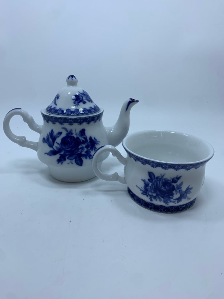 TEA-FOR-1-SET BLUE & WHITE FLORAL BONE CHINA.