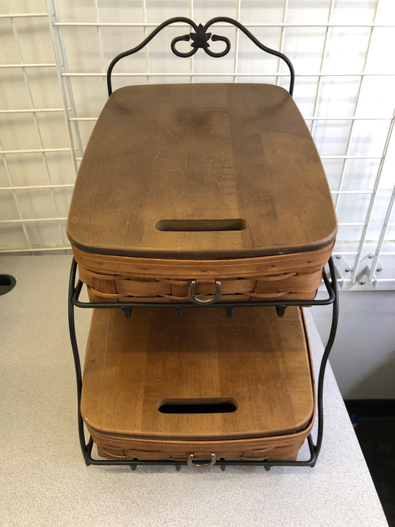 2 TIER METAL STAND W/ 2 DARK BASKETS W/ LIDS LONGABERGER.