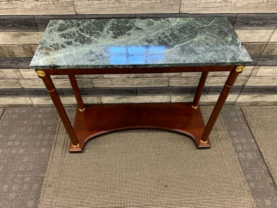 VTG DARK WOOD BOTTOM, DARK GREEN+BLACK MARBLE TOP CONSOLE TABLE.