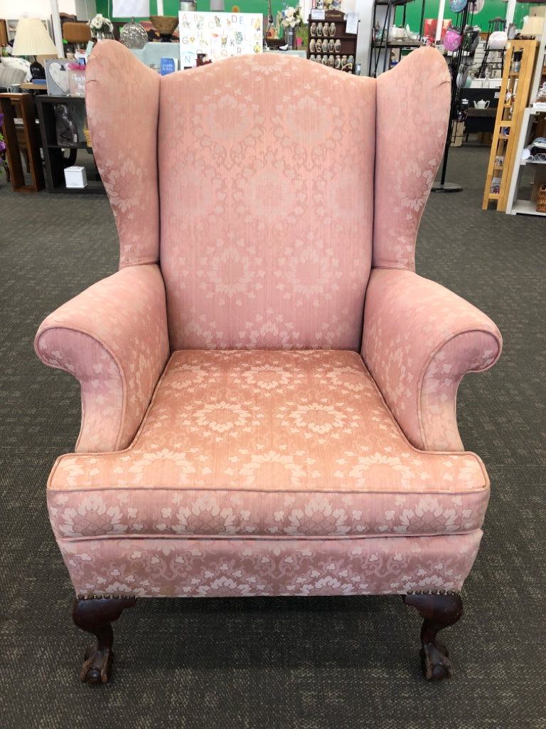 VTG PINK CLAWFOOT WING BACK ACCENT CHAIR.