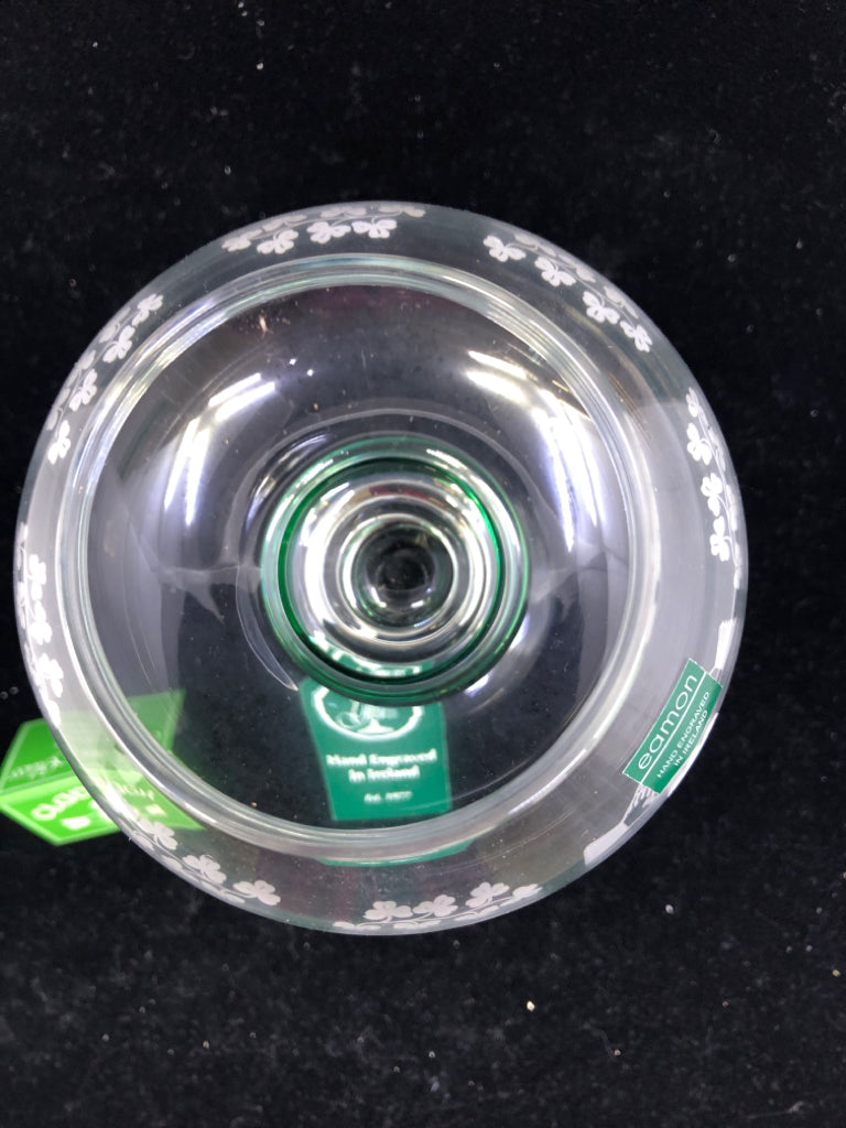 NIB GREEN CRYSTAL CLADDAGH VOTIVE HOLDER.