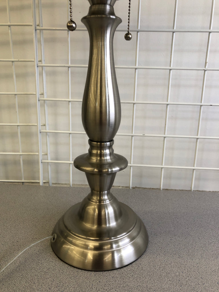 SILVER BASE LAMP W/ WHITE SHADE DOUBLE PULL CHAIN.