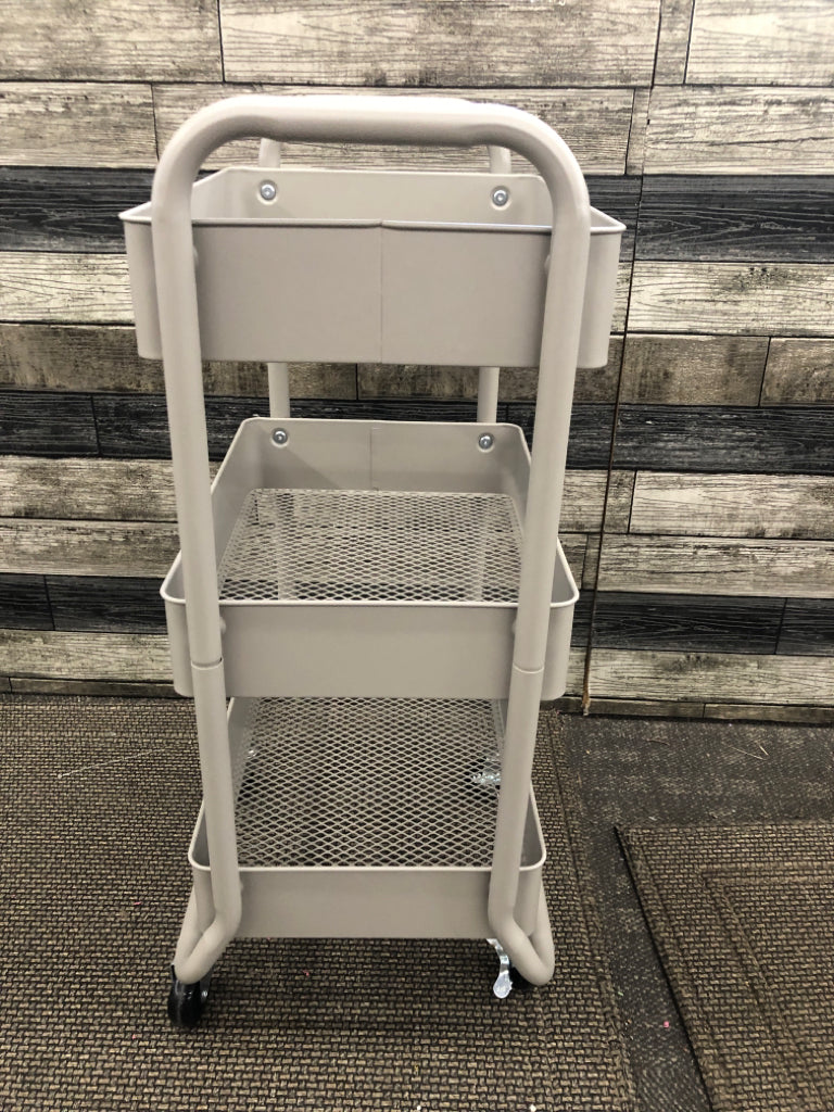 GREY 3 TIER ROLLING CART.