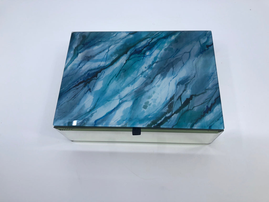 MIRRORED JEWELRY BOX W BLUE MARBLED TOP.
