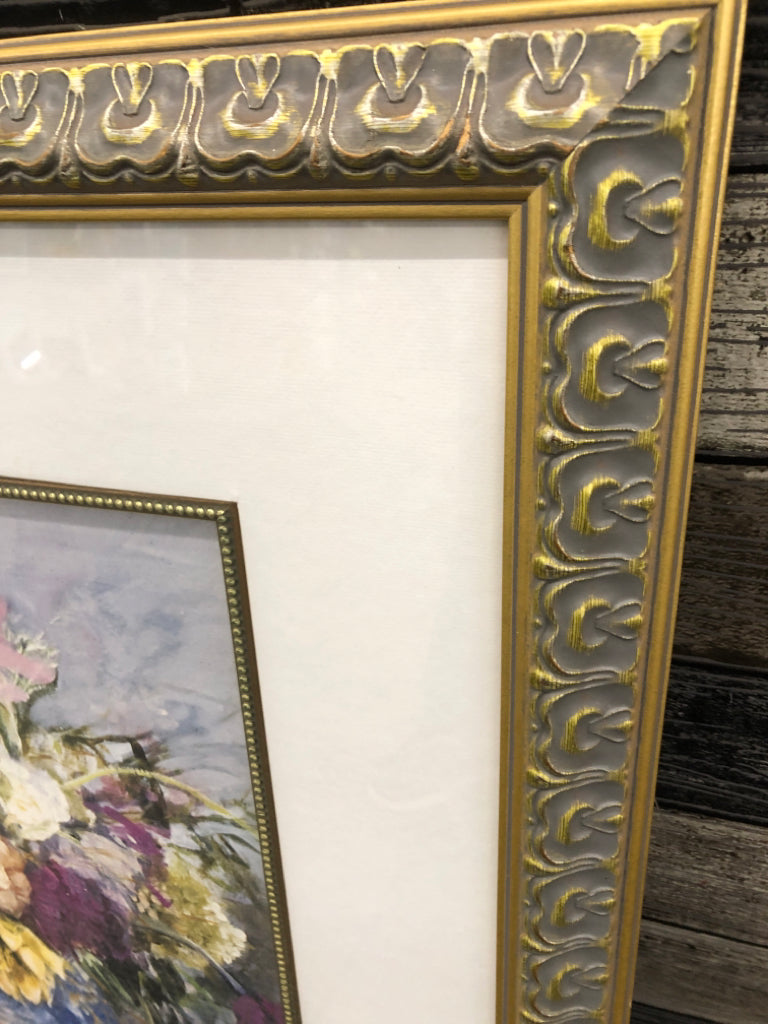 FRUIT AND FLOWERS PICTURE W/ GOLD EMBOSSED FRAME.