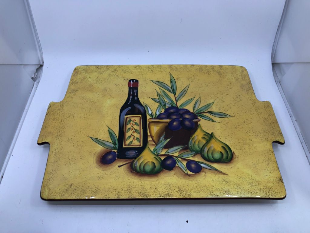 YELLOW/MAROON CERAMIC SERVING TRAY OLIVE OIL BOTTLE.