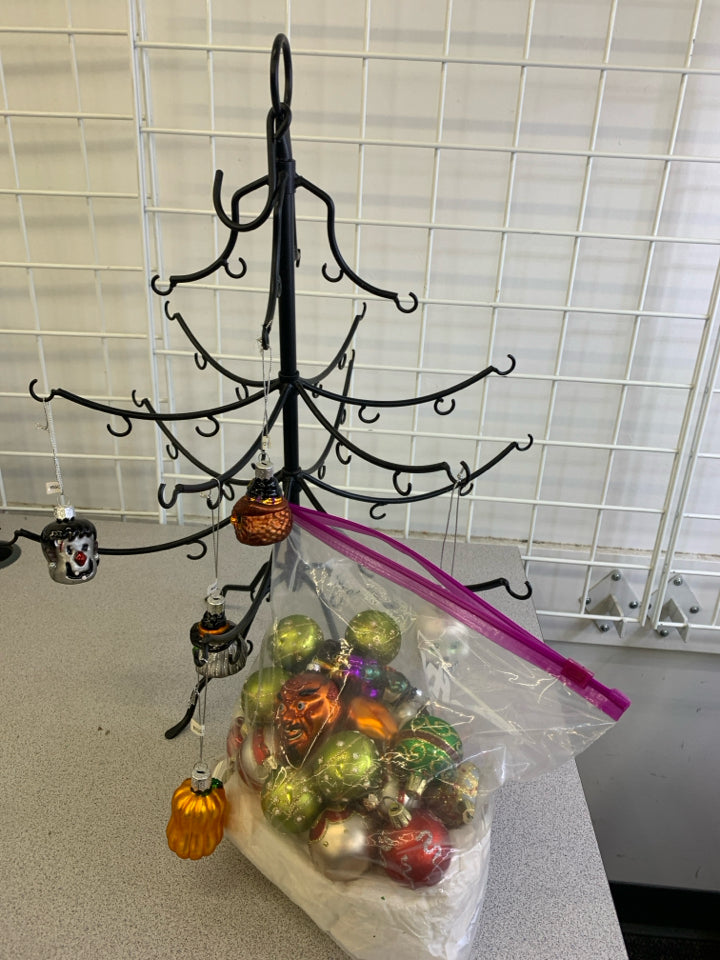 BLACK METAL MINI ORNAMENT TREE W CHRISTMAS AND HALLOWEEN ORNAMENTS.