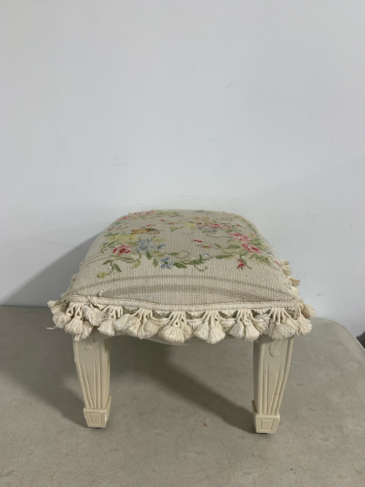 EMBROIDERED FLOWER/BUTTERFLY FOOT STOOL W/ FRINGE.