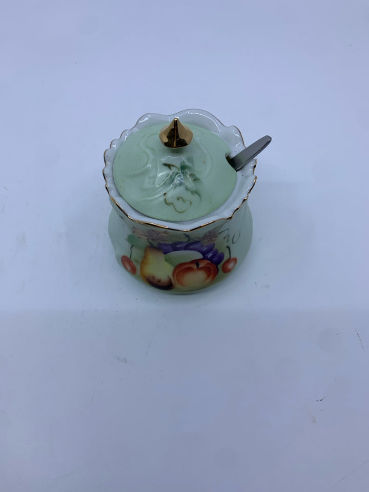 VTG GREEN SUGAR BOWL W SPOON.