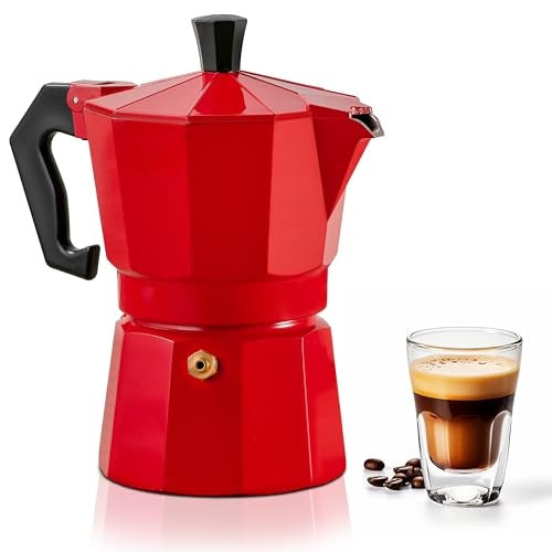 Mixpresso Aluminum Moka Stove Coffee Maker, Red Moka Pot Coffee Maker for Gas &