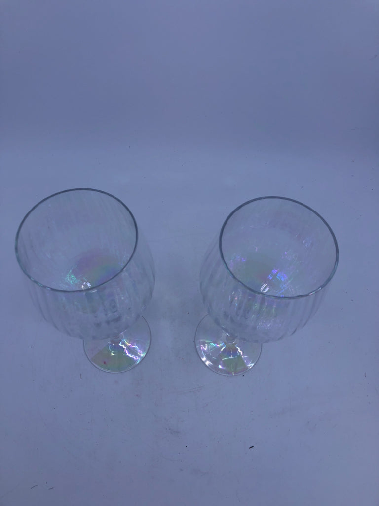2 RIBBED IRIDESCENT WINE GLASSES.