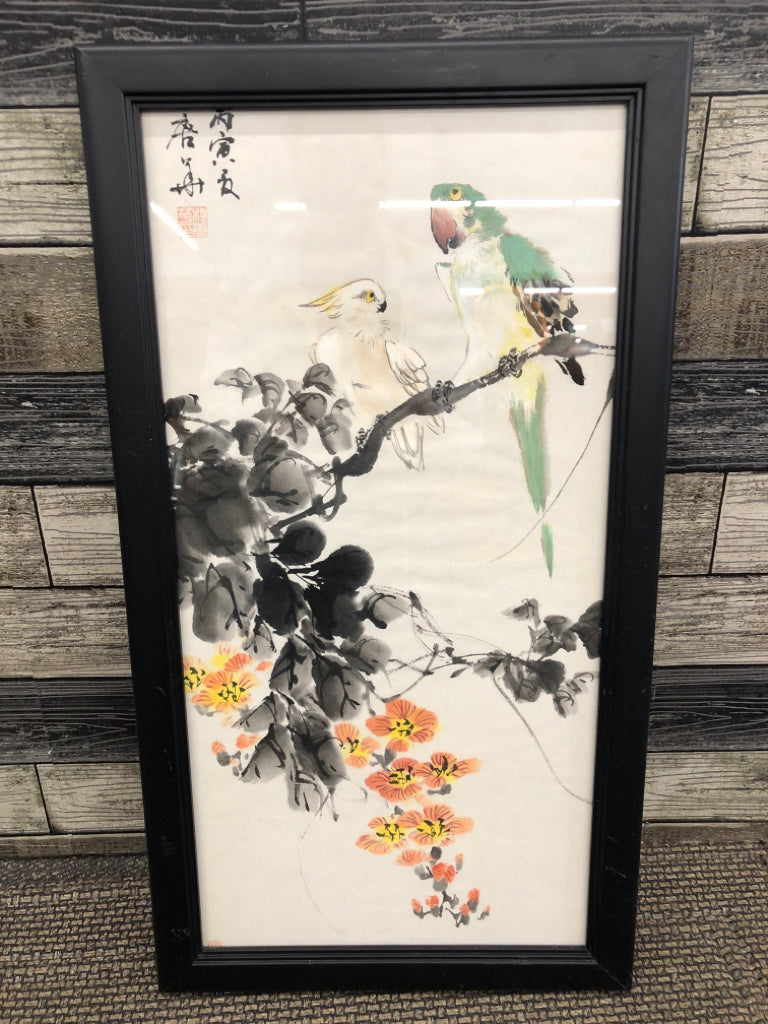 WATERCOLOR BIRDS AND FLOWERS IN BLACK FRAME.