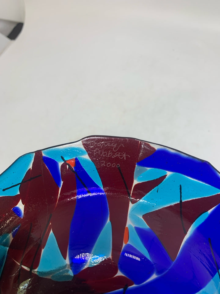 RED/COBALT BLUE TRIANGLES BLOWN GLASS BOWL.