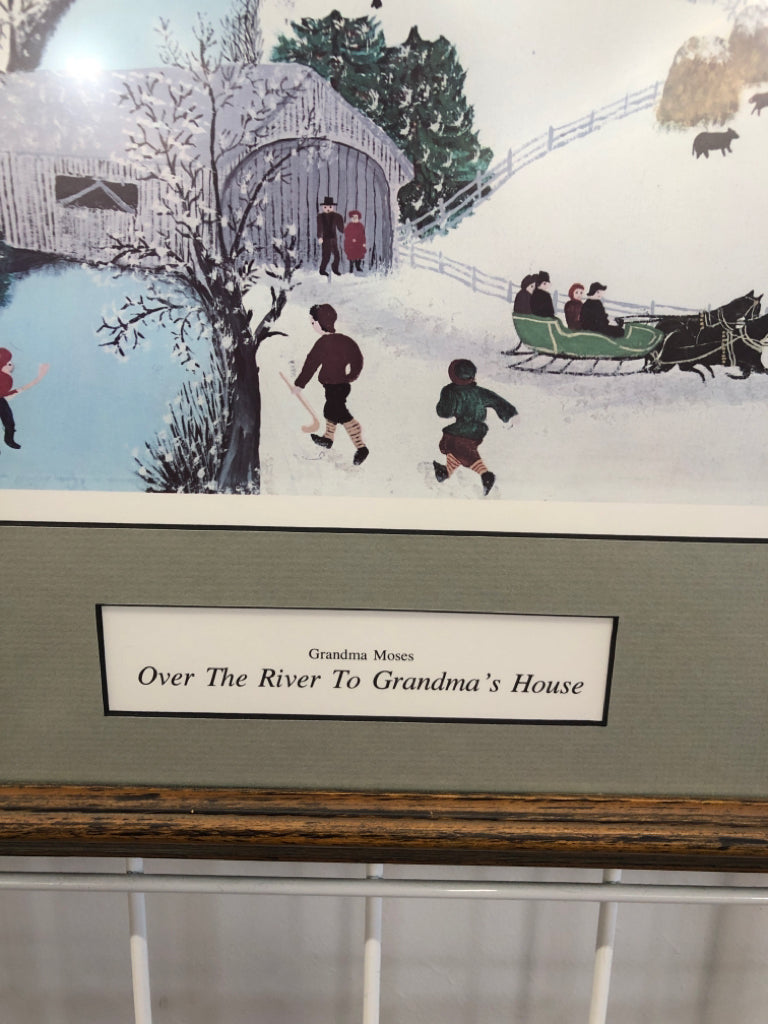 GRANDMA MOSES WALL ART OVER THE RIVER TO GRANDMAS HOUSE FRAMED PRINT.