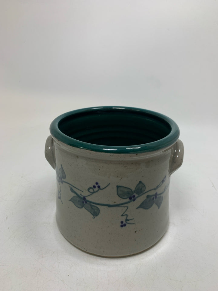 PAINTED VINES W/ GREEN INTERIOR CROCK .