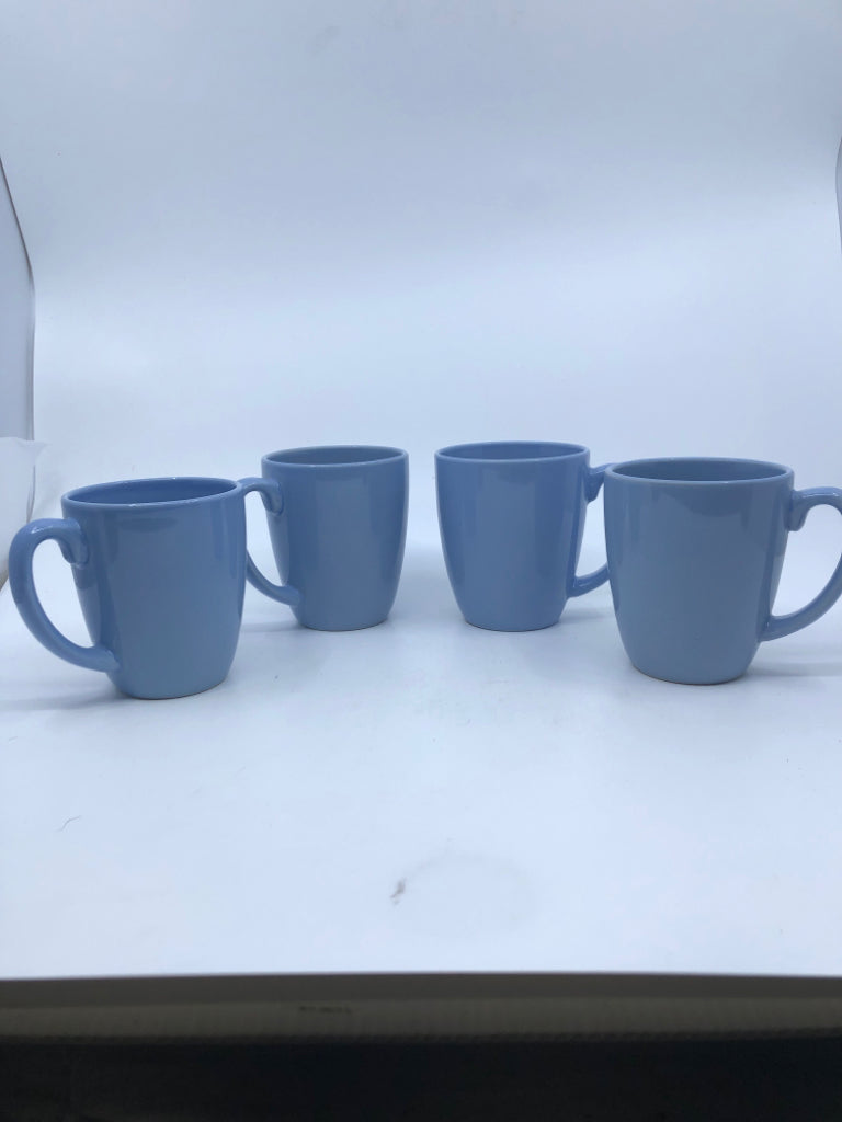 4 LIGHT BLUE CORELLE MUGS.