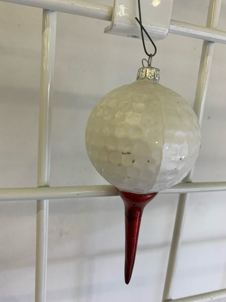 GOLF BALL ON RED TEE "56" ORNAMENT.