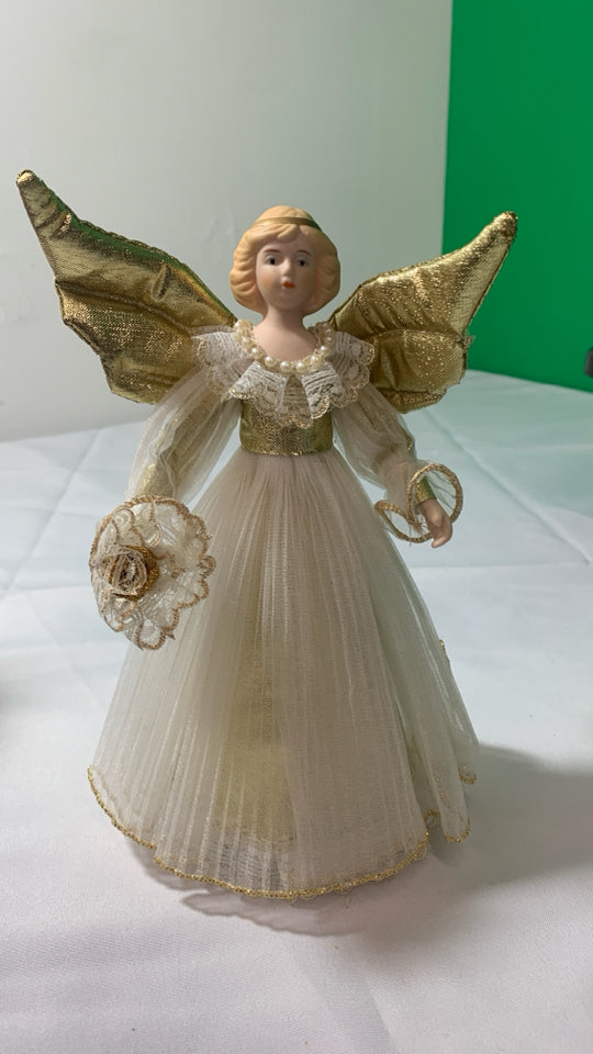 SMALL ANGEL TREE TOPPER W GOLD WINGS.