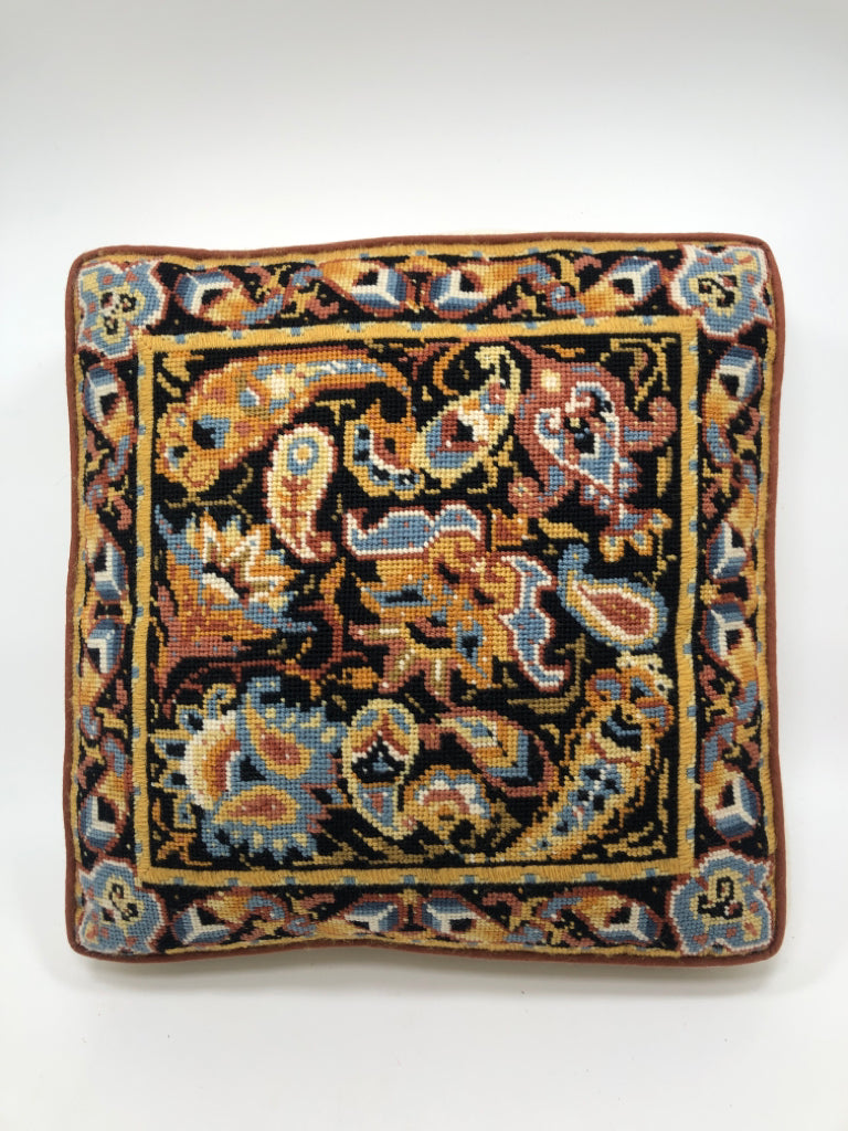 NEEDLEPOINT ACCENT PILLOW W/BLACK/GOLD/BLUE DESIGN.