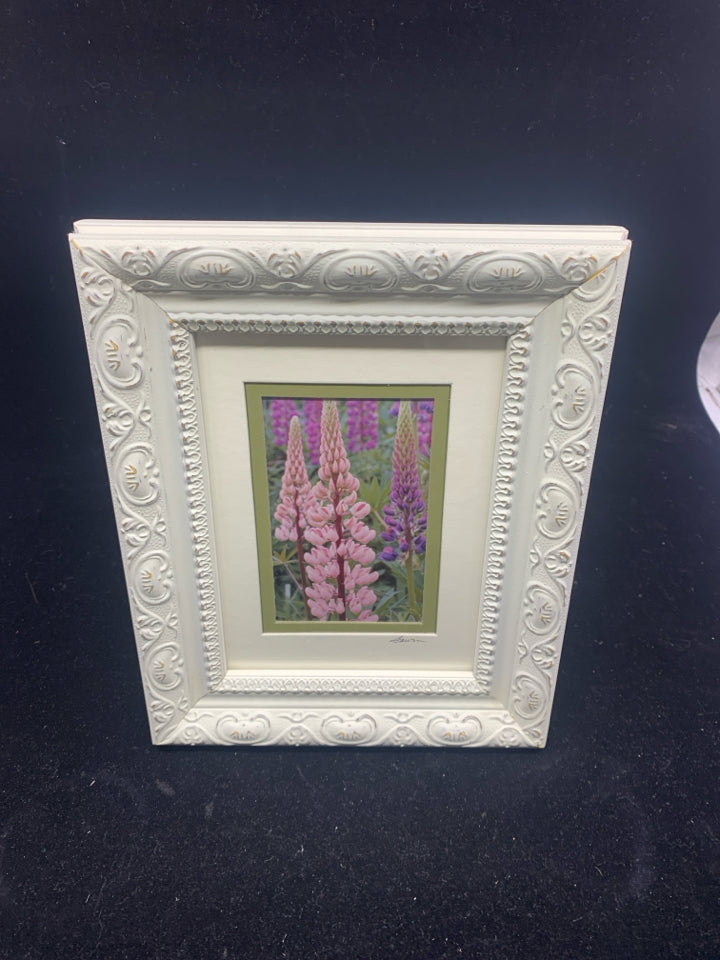 TEXTURED FRAME W/ PINK + PURPLE FLOWERS.