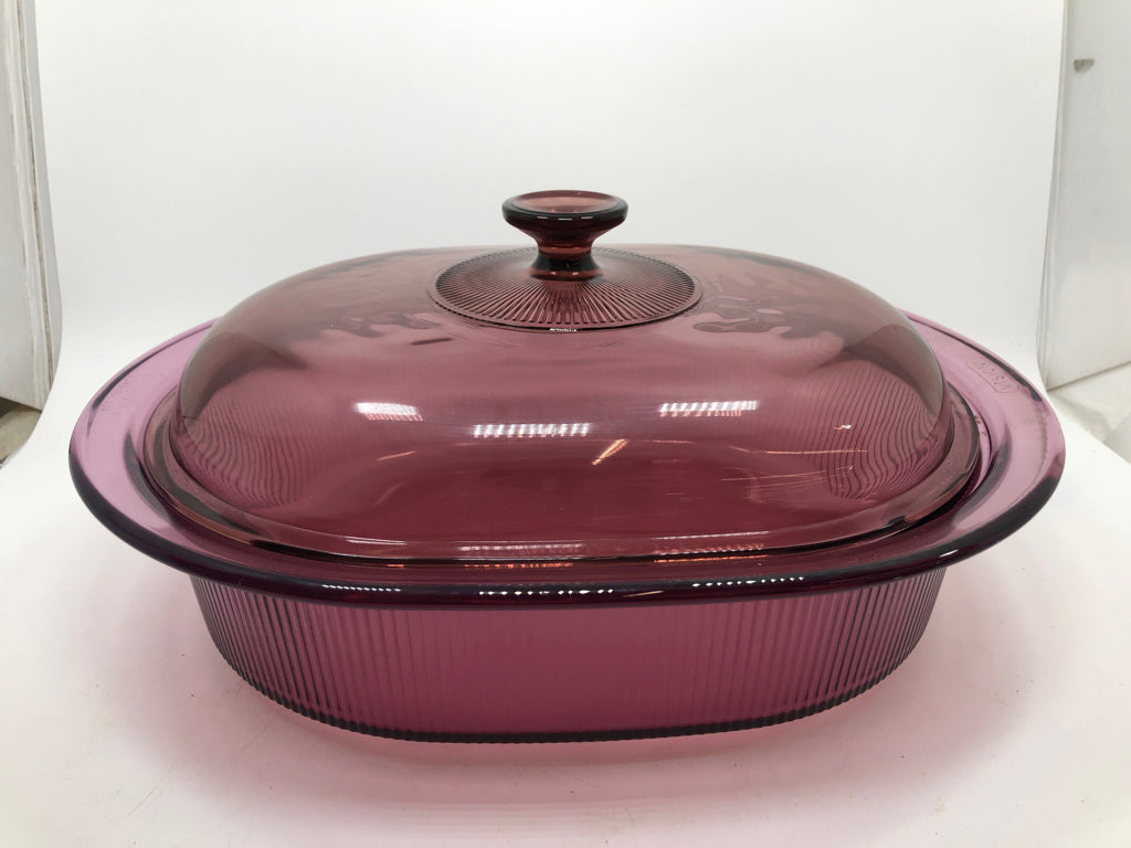 PINK GLASS CORNING WARE CASSEROLE DISH.