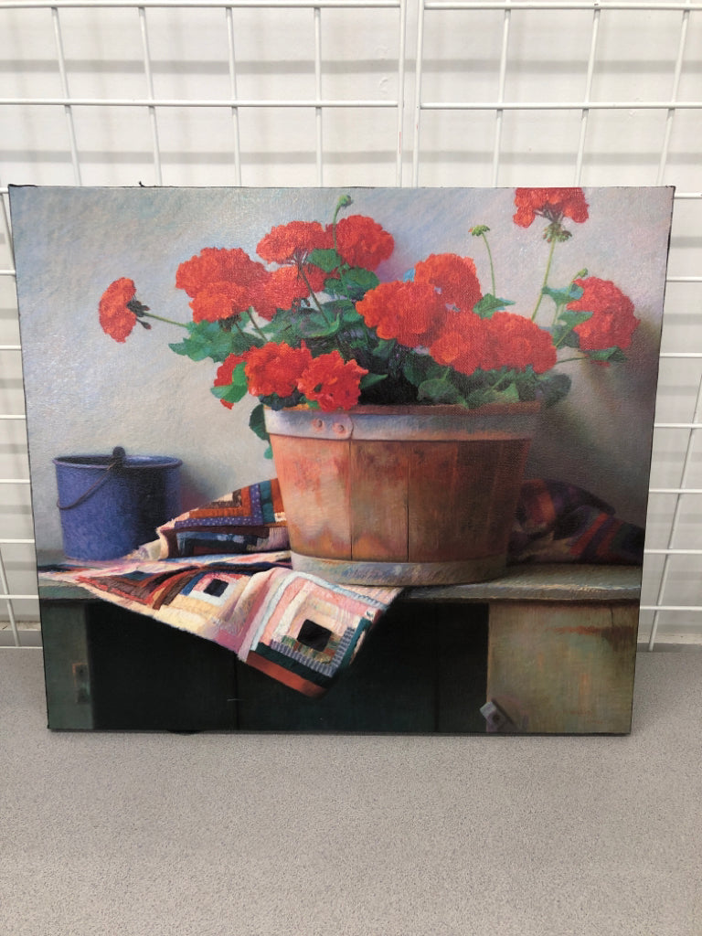 HYDRANGEAS IN WOODEN BUCKET CANVAS PRINT.
