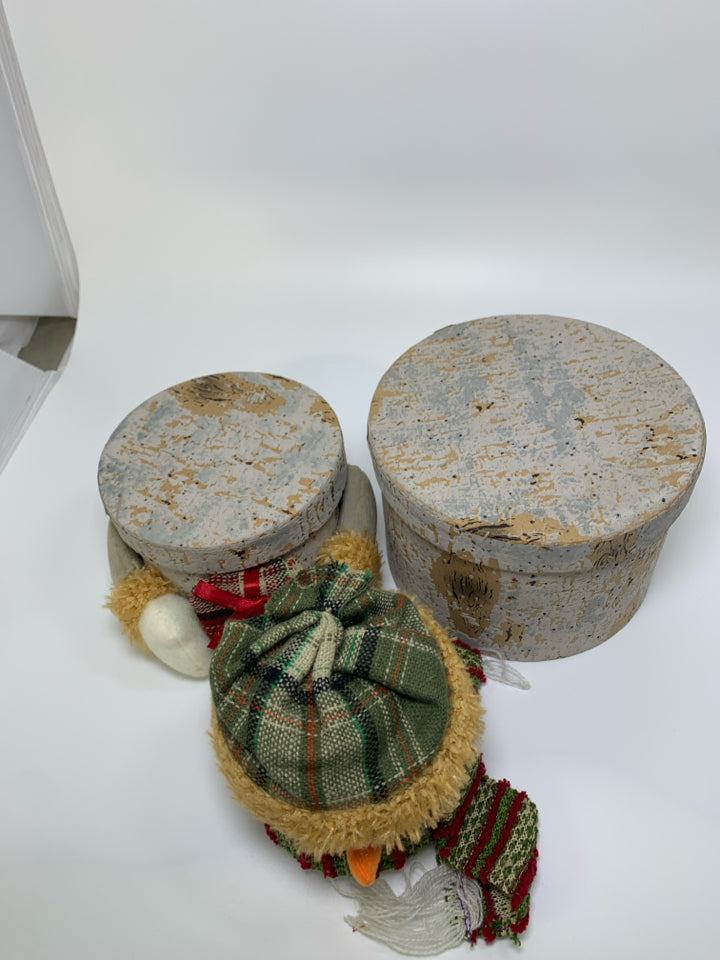 3 STACKING FAUX WOOD BOXES MAKING SNOWMAN.