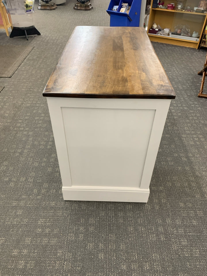 WOOD-TOP GRAY PAINTED 7-DRAWER DESK.