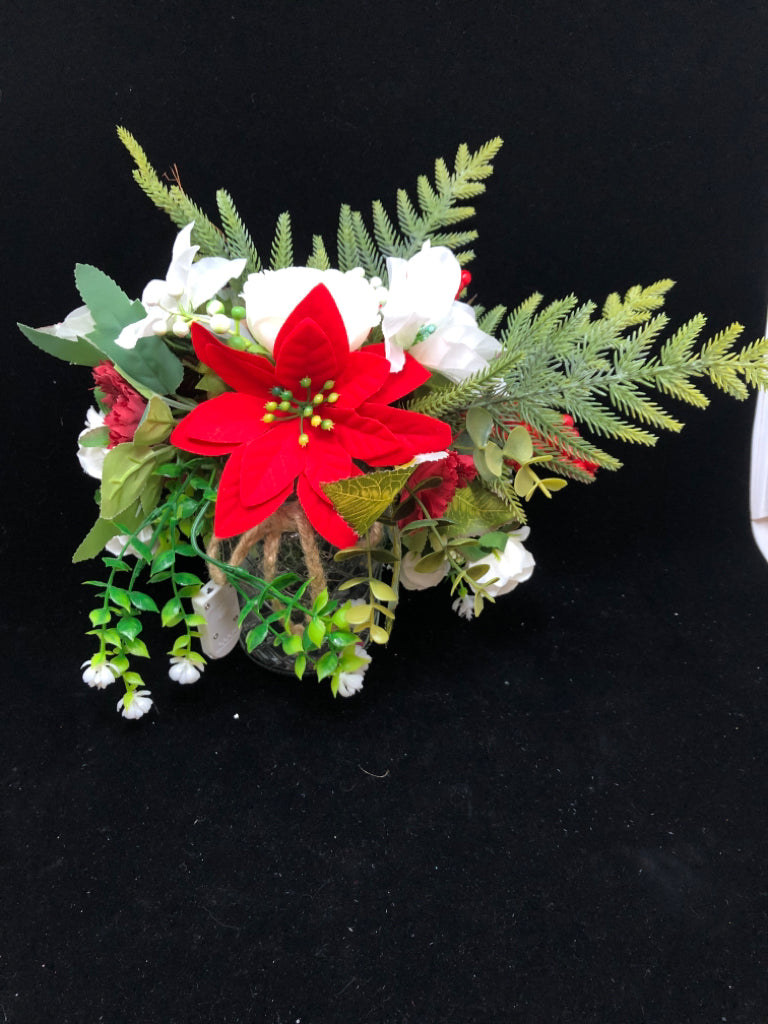 FAUX WHITE AND RED BERRY BOUQUET IN LIGHT UP JAR.