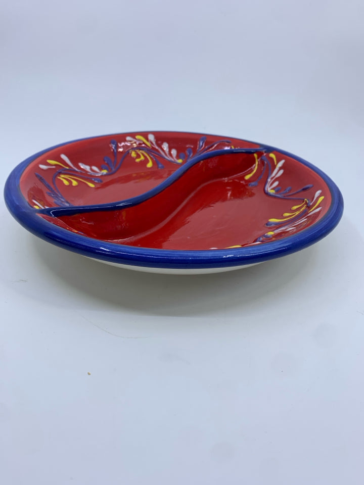 HANDPAINTED RED AND BLUE DIVIDED DISH- SPAIN.