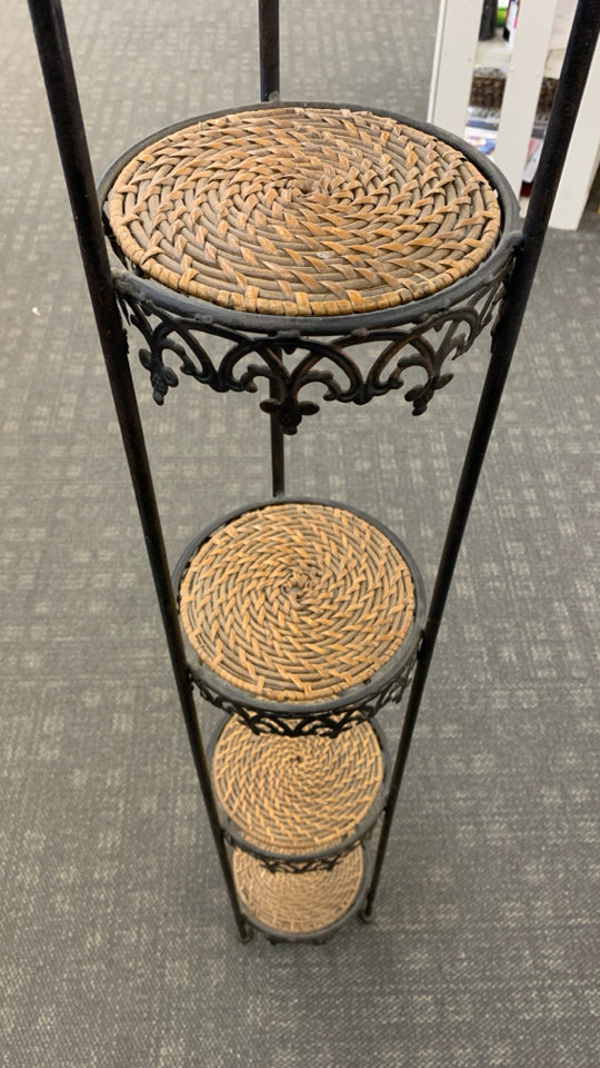 4 TIER BLACK METAL ROUND PLANT SHELF W/WOVEN DOME TOP.