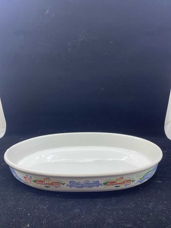 PAUL BOCUSE OVAL CASSEROLE DISH WHITE W/ CITY SCENE.