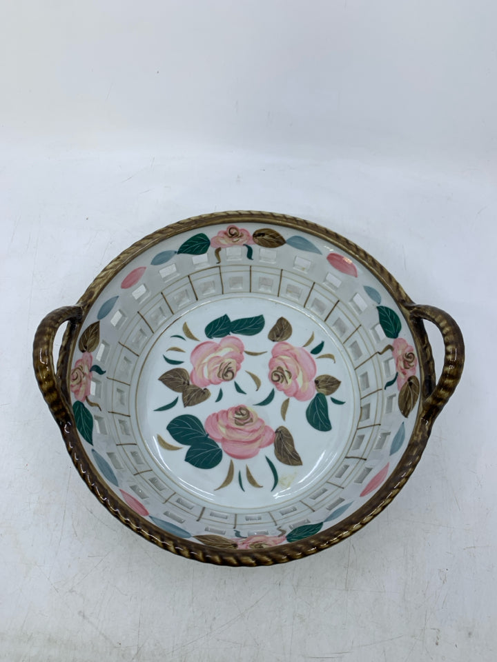 CERAMIC BASKET BOWL PINK ROSES BROWN EDGE PIERCED.