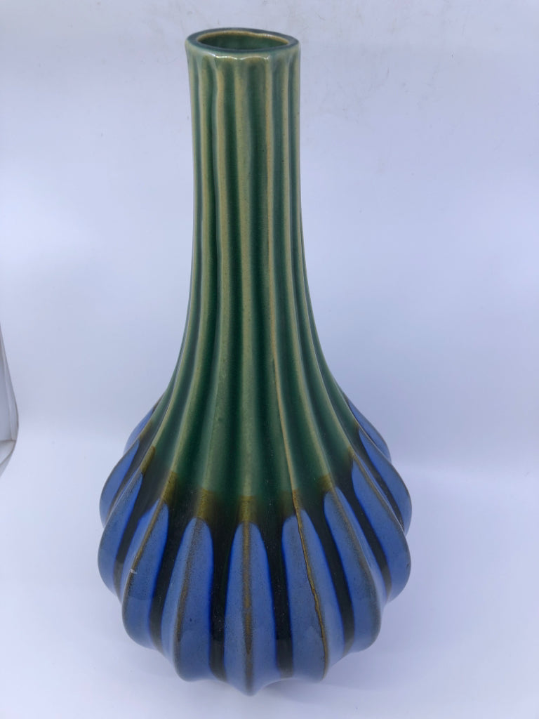 BLUE & GREEN RIBBED TALL VASE-PIER 1.